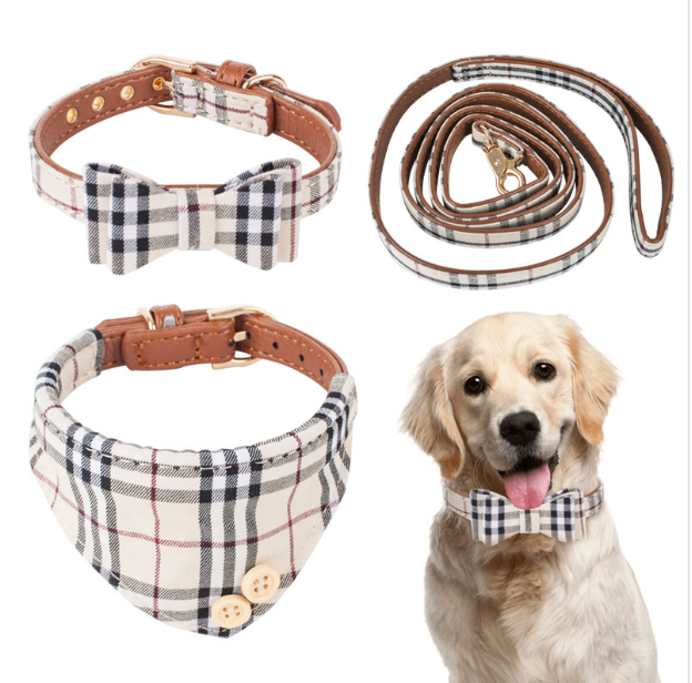Plaid fabric for Pet (Set of 3 with Collar, Bandana, and Leash)
