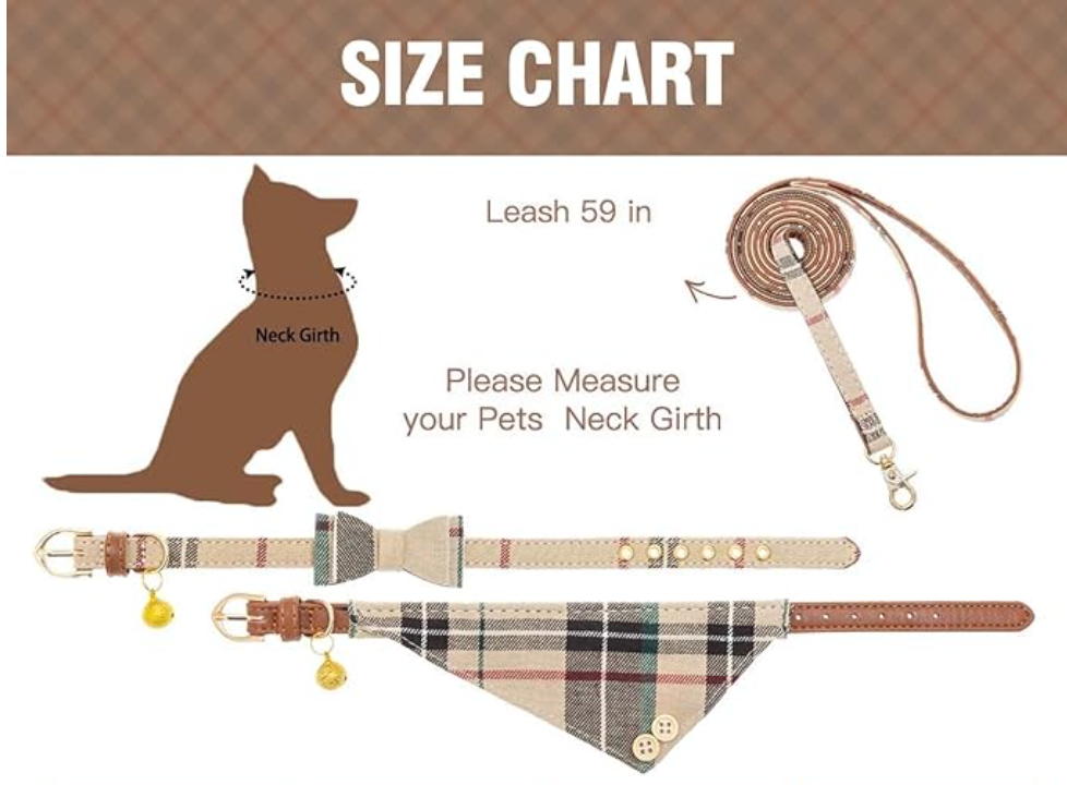 Plaid fabric for Pet (Set of 3 with Collar, Bandana, and Leash)